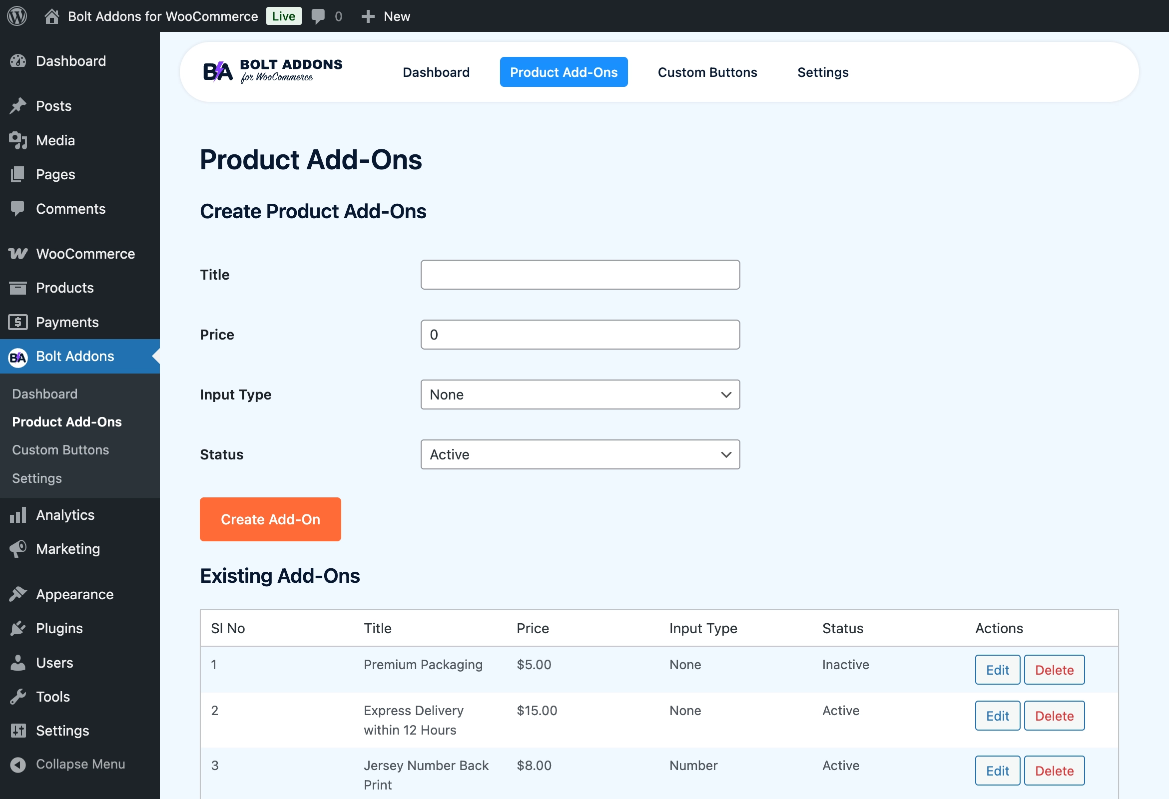 Product Add-Ons Dashboard