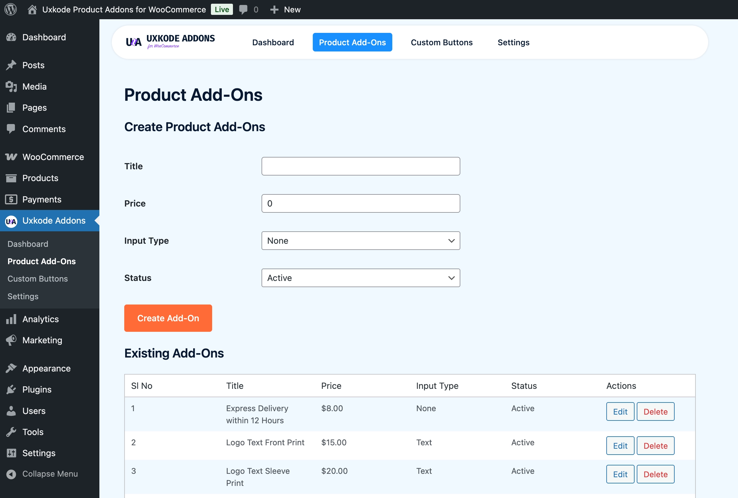 Product Add-Ons Dashboard